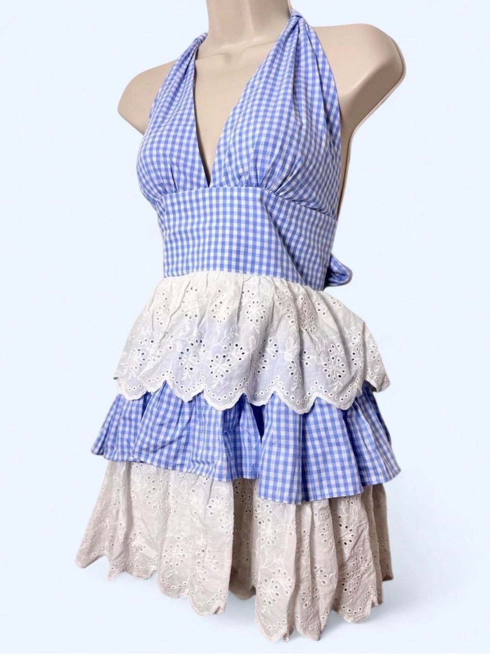 Sugar Thrillz Blue Gingham Broderie Tiered Halter Dress Tieback Size XS